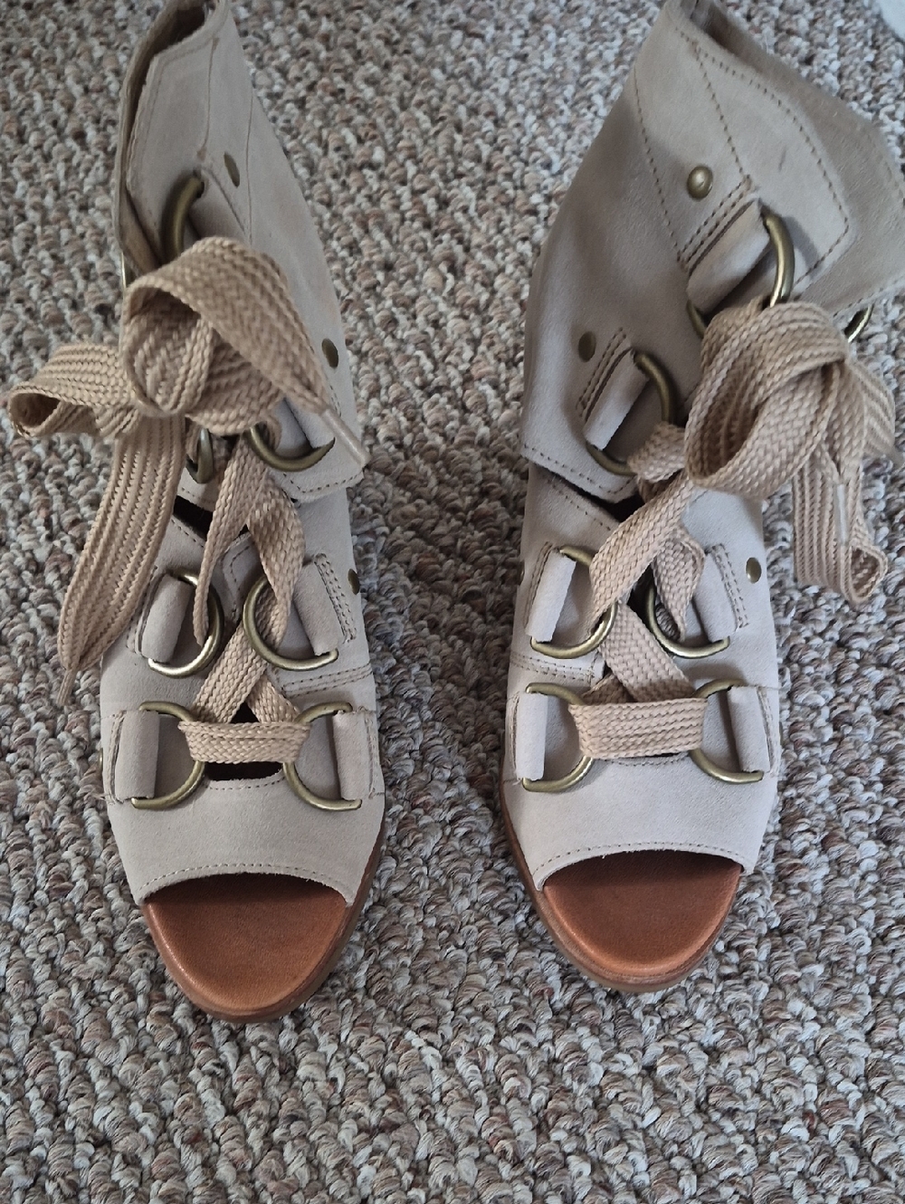 Sorel Beige Lace-Up Peep-Toe Heeled Sandals